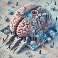 A conceptual digital artwork depicting a human brain structured like a building, with pathways and stairs leading inside and around it.